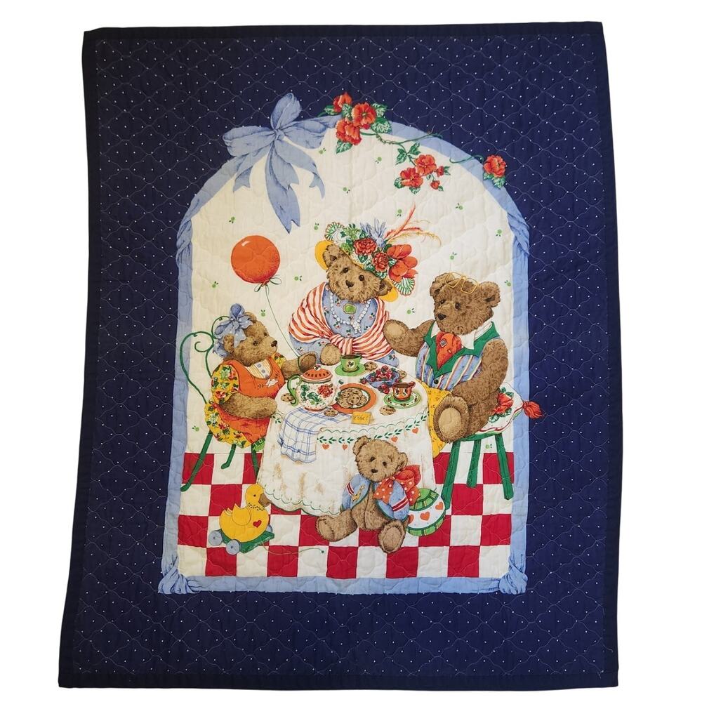 Vintage crib blanket featuring Teddy Bear Tea-Time, reversable